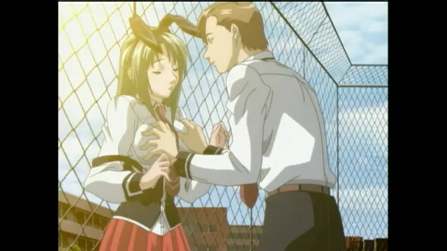 In this anime scene, a male character in a white shirt and tie stands close to a girl with bunny ears and school uniform, placing his hands on her chest as she looks down with an embarrassed expression. Screenshot from Bible Black Only - Episode 1