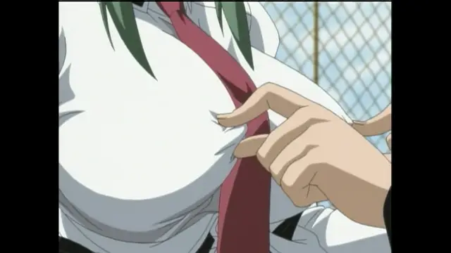 A girl wearing a school uniform with a red tie has her shirt being pulled open by a hand as she stands in front of a fence. Screenshot from Bible Black Only - Episode 1