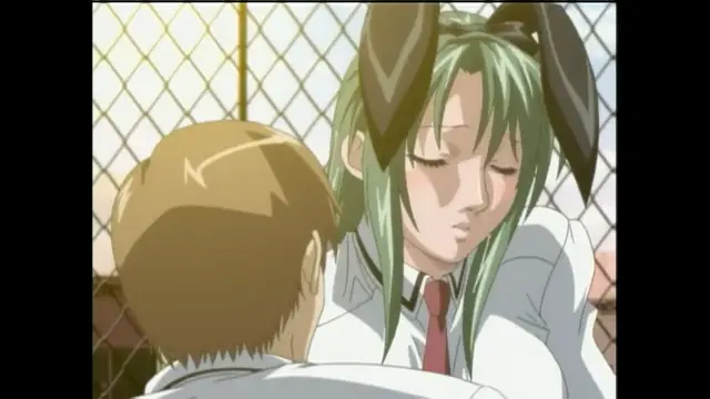 A close-up shot shows a girl with green hair and animal ears looking down with a blushing expression as a boy with blond hair stands before her in a school setting. Screenshot from Bible Black Only - Episode 1