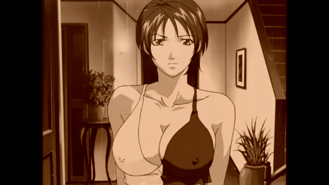A young woman with short brown hair and a serious expression stands in a room wearing a revealing, asymmetrical black and white bikini top that exposes her breasts and nipples. Screenshot from Bible Black Only - Episode 2