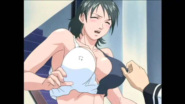 A woman with short black hair and blushing cheeks is shown in a bikini, with a man's hand pulling down one side of her top to expose her breast. Screenshot from Bible Black Only - Episode 2