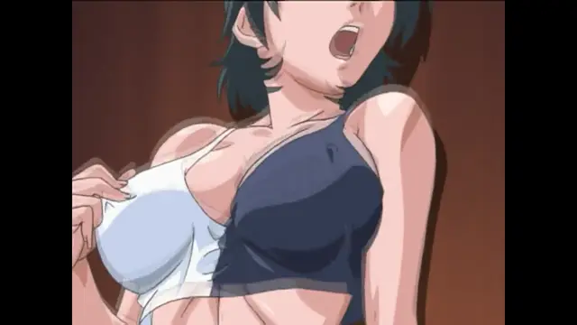 A shocked-looking anime girl with short dark hair gasps as her sports bra is pulled down, exposing her large breasts. Screenshot from Bible Black Only - Episode 2