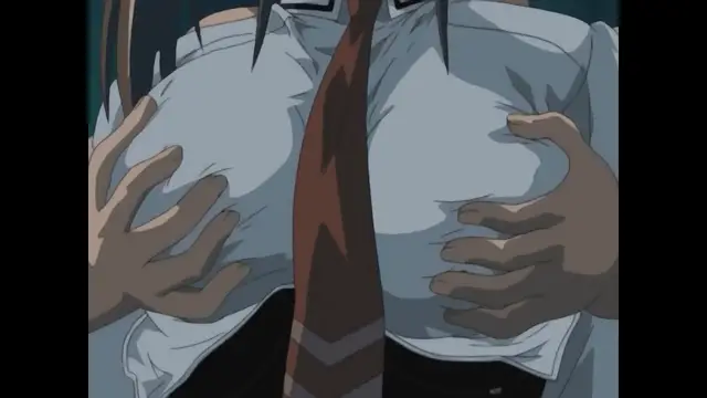 A dark-skinned man with large hands grips the breasts of a woman wearing a white button-down shirt and a brown tie. Screenshot from Bible Black Only Imari Rape - Special
