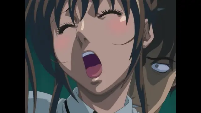 An anime girl with long black hair and closed eyes gasps with her mouth open while a man with a wide-eyed expression looms behind her. Screenshot from Bible Black Only Imari Rape - Special