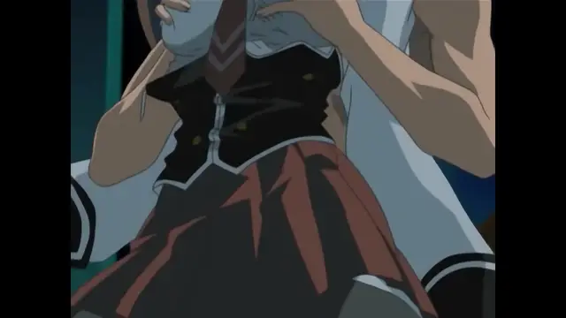 A blonde anime girl in a school uniform is being held from behind by a shirtless man who has his hands around her chest as they face each other in a close embrace. Screenshot from Bible Black Only Imari Rape - Special