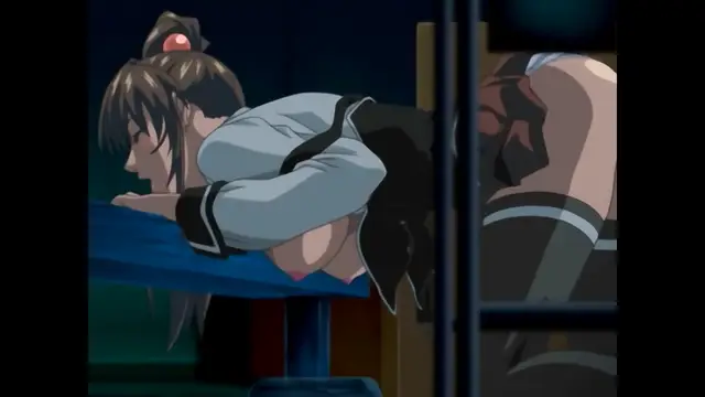 A brunette anime girl in a school uniform is bent over a blue desk, her breasts pressed against the surface and her skirt pulled up to reveal her underwear. Screenshot from Bible Black Only Imari Rape - Special