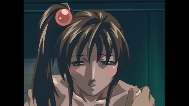 A close-up shot of an anime girl with long brown hair and a ponytail, featuring a blushing face and heavy-lidded, lustful eyes. Screenshot from Bible Black Only Imari Rape - Special