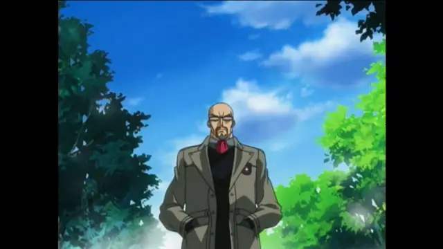 A bald man with a goatee, wearing a gray trench coat over a black shirt and red tie, stands in a forest setting under a bright blue sky. Screenshot from Bible Black New Testament - Episode 1