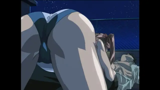 A close-up shot shows a woman from behind in a blue leotard as she leans over a man lying on a surface, with a night sky and a fence visible in the background. Screenshot from Bible Black New Testament - Episode 1