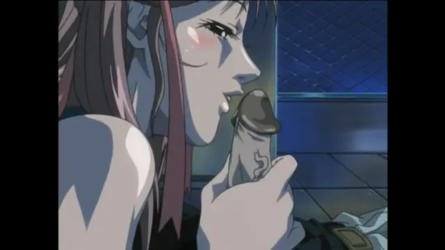 A close-up anime scene shows a woman with long purple hair and a blushing face looking down with her mouth slightly open as she holds a large, erect penis. Screenshot from Bible Black New Testament - Episode 1