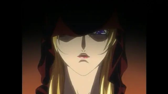 A blonde-haired woman wearing a red hooded cloak peers out from the shadows with a serious expression. Screenshot from Bible Black New Testament - Episode 1