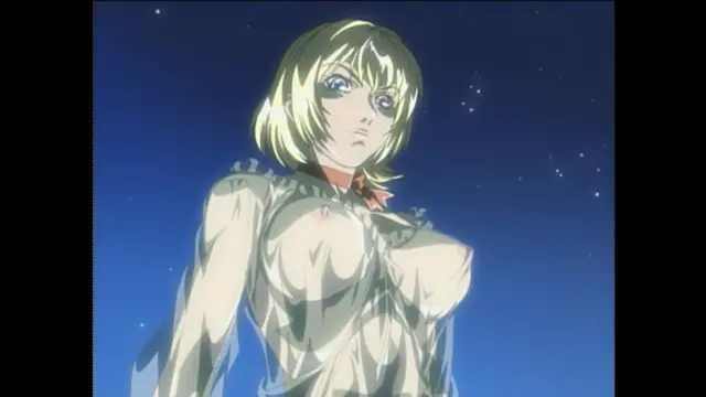 A blonde woman in a white dress looks towards the viewer with a somber expression against a dark blue background with stars. Screenshot from Bible Black New Testament - Episode 1