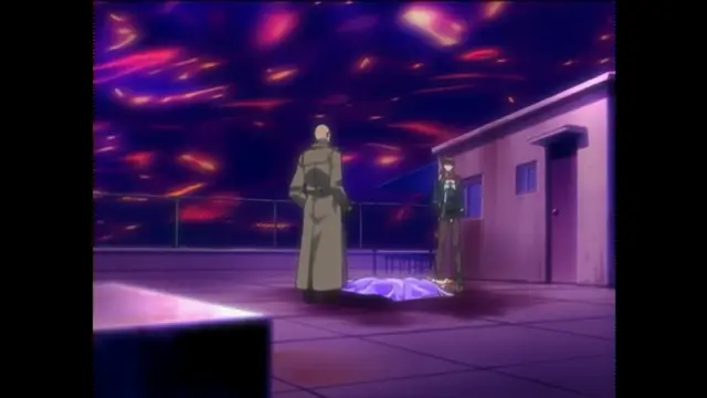 A tall bald man in a long robe stands facing a woman in a dark dress in an outdoor courtyard under a swirling, colorful night sky. Screenshot from Bible Black New Testament - Episode 1