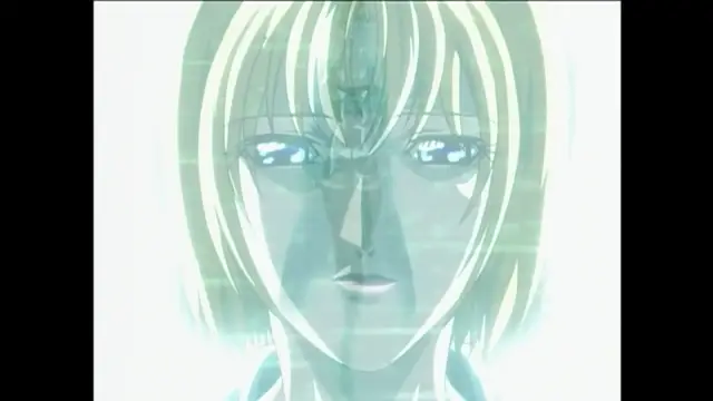 A high-angle close-up shot of a blue-haired anime girl with a blank expression, overlaid with digital glitches and scanning lines. Screenshot from Bible Black New Testament - Episode 1