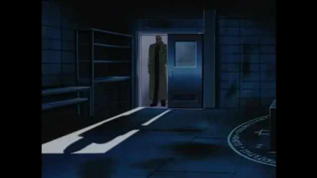 A tall man in a trench coat stands in a doorway, casting a long shadow onto the floor of a dimly lit, industrial room. Screenshot from Bible Black New Testament - Episode 1