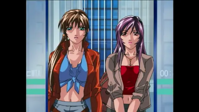 Two anime women with long hair, one in a red jacket and blue top and the other in a grey jacket and red top, stand side-by-side in a room with blue and white walls. Screenshot from Bible Black New Testament - Episode 1