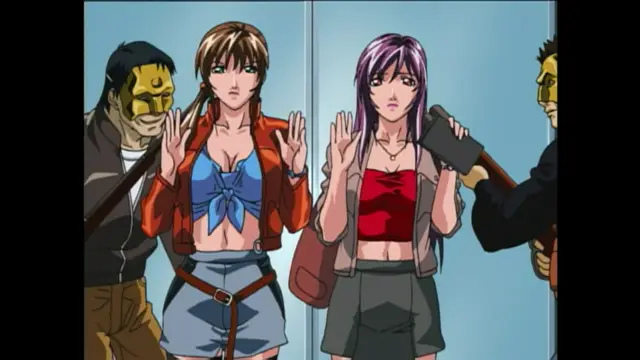 In a split-screen scene, two women with their hands raised in surrender stand before two masked men holding rifles, with the woman on the left wearing a blue top and shorts and the woman on the right wearing a red top and skirt. Screenshot from Bible Black New Testament - Episode 1