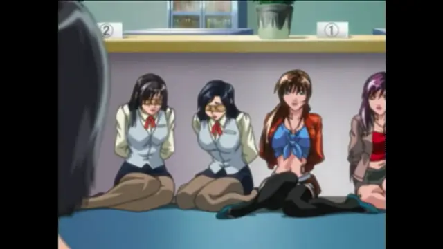 Four women in school and casual outfits sit on a blue floor in front of a counter, with a fifth person's head visible in the foreground. Screenshot from Bible Black New Testament - Episode 1