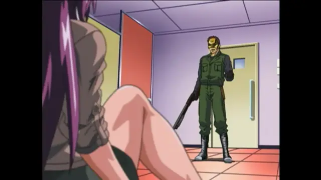 A woman with purple hair is kneeling on the floor with her clothes torn while a soldier in a green uniform holds a gun and looks down at her in a room. Screenshot from Bible Black New Testament - Episode 1