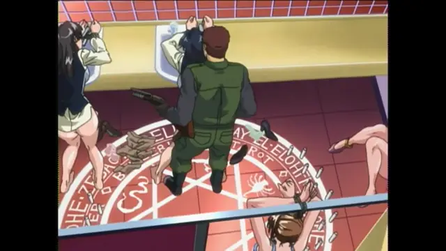 A man in a green jumpsuit stands in the center of a bathroom with three women, two of whom are nude and one of whom is sitting on a toilet, as he holds a gun pointed at the women on the floor while the text "HELL'S GATE" and "ELOHIM" appears on the floor. Screenshot from Bible Black New Testament - Episode 1