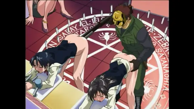 A tall, masked man in green armor stands behind two girls bent over a table, reaching out to grab one of them while they are in a ritualistic circle on the floor. Screenshot from Bible Black New Testament - Episode 1