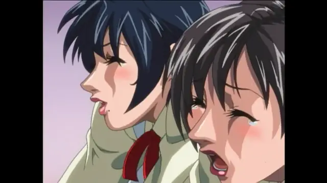 A close-up anime shot shows two girls with blushing faces and heavy breathing, with the girl in the foreground looking distressed and the girl in the background looking dazed. Screenshot from Bible Black New Testament - Episode 1