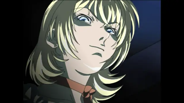 A close-up shot of a blonde anime girl with blue eyes and a small smirk, looking slightly downward with a mischievous expression. Screenshot from Bible Black New Testament - Episode 2