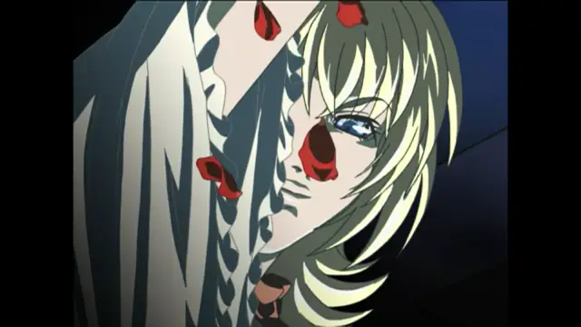 A close-up anime-style image depicts a blonde woman with blue eyes and a shocked expression, with her face partially obscured by a jagged, vertical crack and red rose petals scattered across her face and ruffled white dress. Screenshot from Bible Black New Testament - Episode 2
