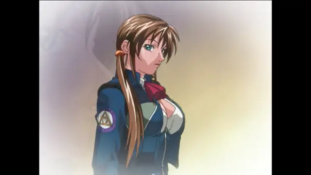 A brown-haired anime girl with large breasts and a blue uniform with a gold triangle patch stands in a dimly lit hallway with a serious expression. Screenshot from Bible Black New Testament - Episode 2