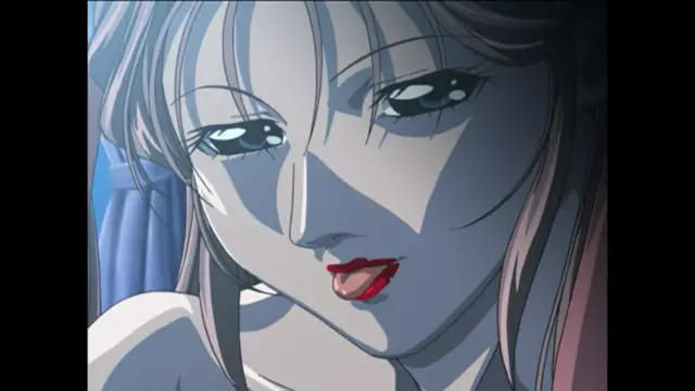 A close-up shot of a woman with blue eyes and red lips looking down with a seductive expression. Screenshot from Bible Black New Testament - Episode 2