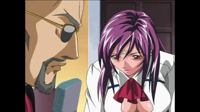An anime woman with purple hair and a shocked expression looks down at her breasts, which are exposed and protruding from her white uniform, while an older man with sunglasses and a goatee looks on from the side. Screenshot from Bible Black New Testament - Episode 2