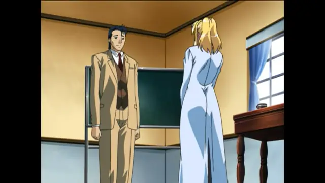 A man in a tan three-piece suit stands facing a woman in a long white gown in a classroom with a chalkboard and a desk. Screenshot from Bible Black New Testament - Episode 2