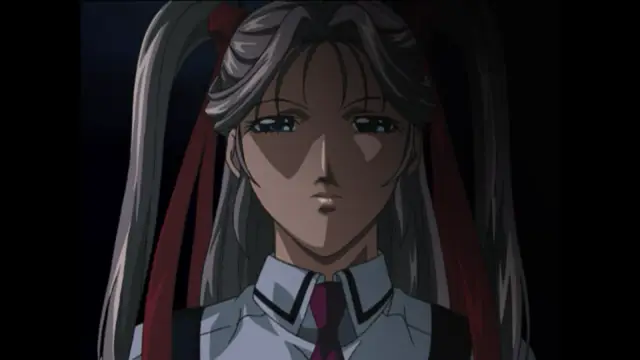 A grey-haired anime girl with pigtails and a school uniform looks forward with a somber expression against a dark background. Screenshot from Bible Black New Testament - Episode 2