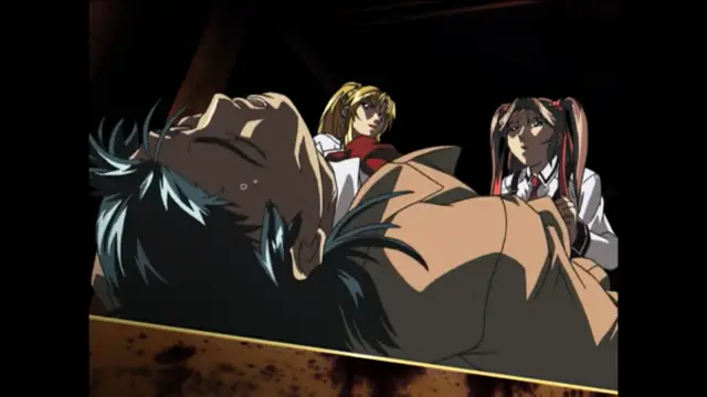 A man lies face-down on a table with two girls, one blonde and one with dark pigtails, watching over him. Screenshot from Bible Black New Testament - Episode 2
