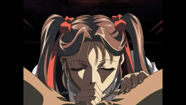 A close-up shot of an anime girl with twin tails and red ribbons looking down while her face is partially covered by her hands and a brown garment. Screenshot from Bible Black New Testament - Episode 2