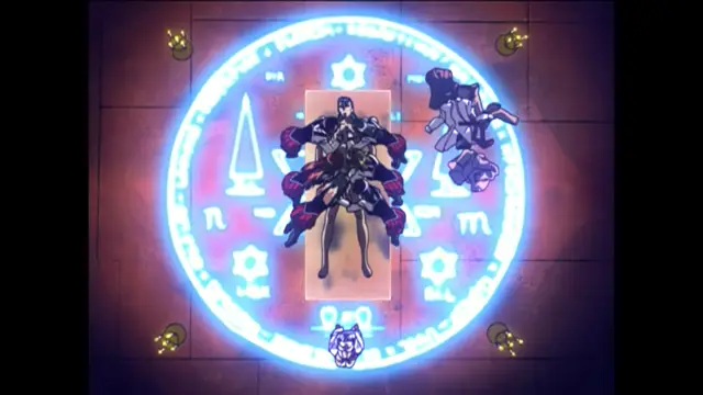 A girl with black hair and a black outfit sits on a throne within a glowing blue magical circle, while another girl in a purple outfit stands to her right in what appears to be a fantasy setting. Screenshot from Bible Black New Testament - Episode 2
