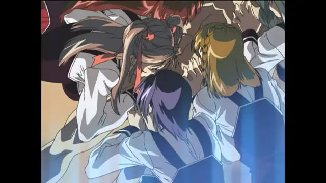 A group of anime girls in school uniforms are gathered around a brown-haired girl who is being penetrated by several others in a group sex scene. Screenshot from Bible Black New Testament - Episode 2
