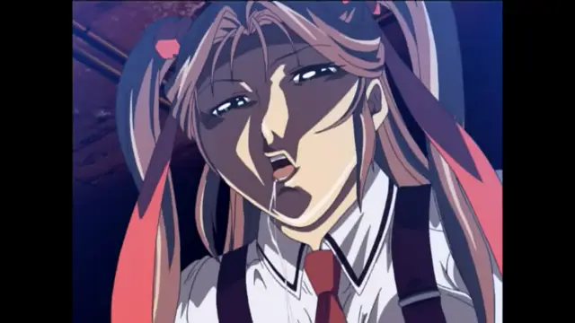 A close-up shot shows an anime girl with long, twin-tailed hair and a school uniform with a tie, looking dazed with a string of saliva dripping from her open mouth. Screenshot from Bible Black New Testament - Episode 2