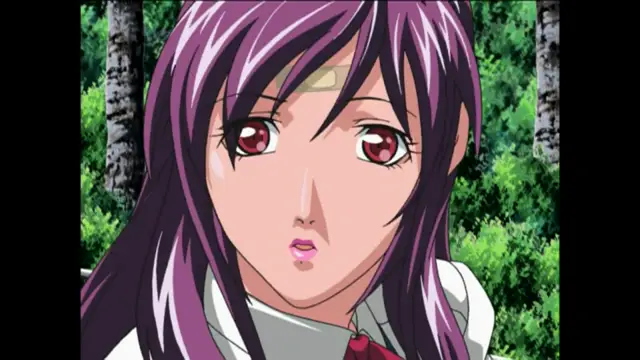 A close-up shot of an anime girl with purple hair and a surprised expression, featuring a band-aid on her forehead and wearing a school uniform against a forest background. Screenshot from Bible Black New Testament - Episode 2