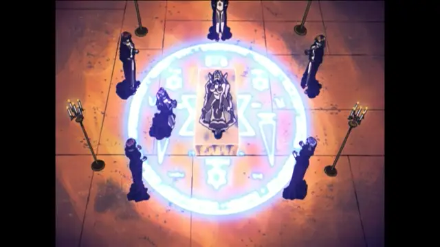 A group of anime women in robes stand around a glowing magic circle on a stone floor, while a girl in the center is being held down as an altar for a ritual. Screenshot from Bible Black New Testament - Episode 2