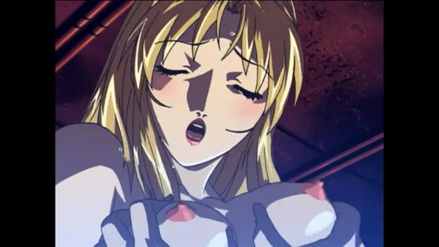 A blonde anime girl with blushing cheeks and closed eyes looks down with an open mouth while wearing a revealing white top, positioned in a dark room with pipes in the background. Screenshot from Bible Black New Testament - Episode 2