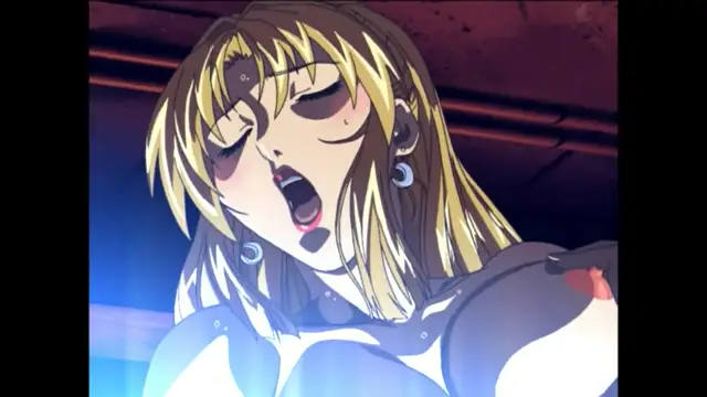A blonde anime woman with large hoop earrings and an open mouth expresses a state of pleasure or ecstasy as she is being engaged in sexual activity. Screenshot from Bible Black New Testament - Episode 2