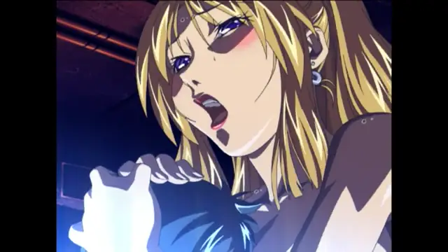 A blonde-haired woman with a blushing face and open mouth looks down at a male character with blue hair while holding his head. Screenshot from Bible Black New Testament - Episode 2