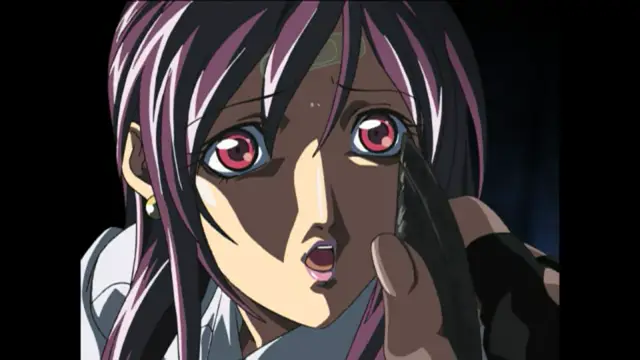 An anime woman with purple hair and red eyes looks surprised as a hand holds a black object near her face. Screenshot from Bible Black New Testament - Episode 2