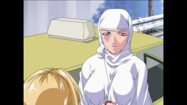A woman in a white hooded bodysuit sits at a desk with a serious expression while a blonde woman's head is visible in the foreground. Screenshot from Bible Black New Testament - Episode 3