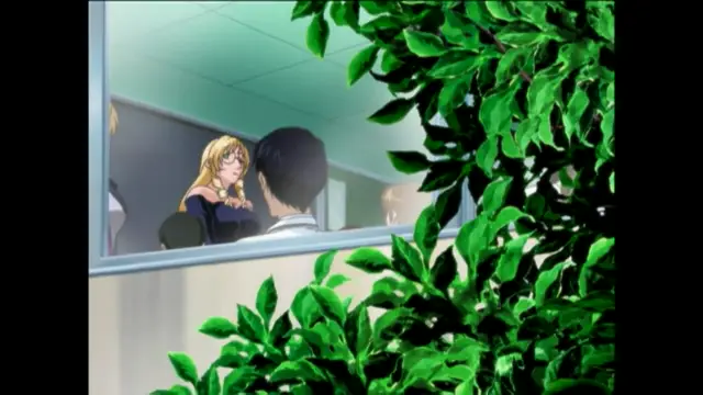 A woman with blonde hair and glasses sits at a table in an office, looking at a man with dark hair from behind a window obscured by green leaves. Screenshot from Bible Black New Testament - Episode 3