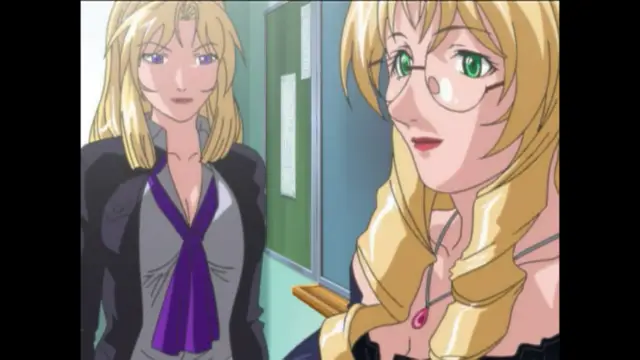 A blonde woman in a professional gray outfit with a purple tie stands next to a blonde woman wearing glasses and a necklace in an office setting. Screenshot from Bible Black New Testament - Episode 3