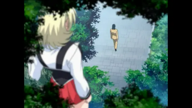 A blonde anime girl in a white blouse and red skirt watches from behind some trees as a man in a yellow shirt walks along a stone path. Screenshot from Bible Black New Testament - Episode 3