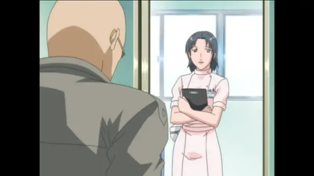 A bald man in a suit stands with his back to the camera, facing a woman in a pink apron who is holding a black folder and looking at him with a stern expression in an office setting. Screenshot from Bible Black New Testament - Episode 3