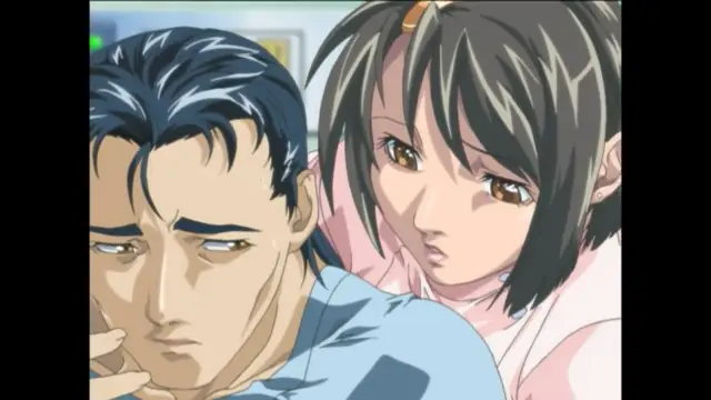 A man with dark hair and a serious expression sits next to a brown-haired girl who is leaning into his shoulder with a longing look on her face. Screenshot from Bible Black New Testament - Episode 3